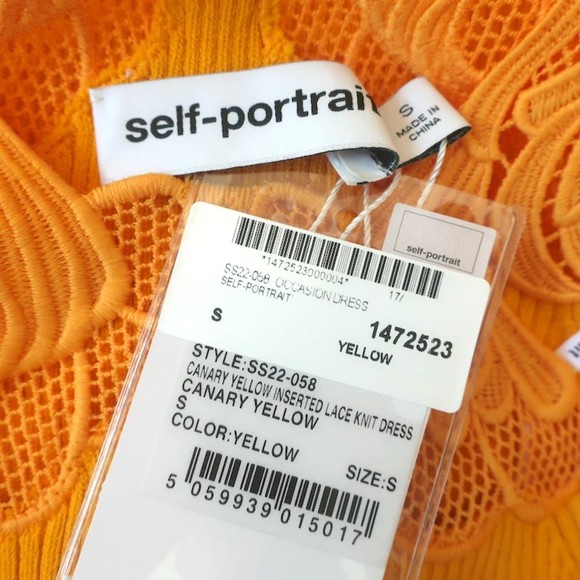 Self-Portrait Inserted Lace Knit Midi Dress Canary Yellow Size Small NEW - Picture 6 of 7